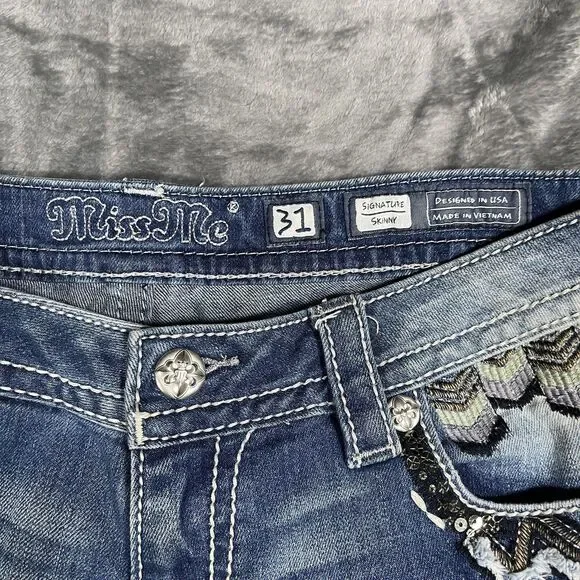 Miss Me Skinny Jeans Womens 31 Blue Medium Wash Embroidered Sequin Fringe - Picture 2 of 11